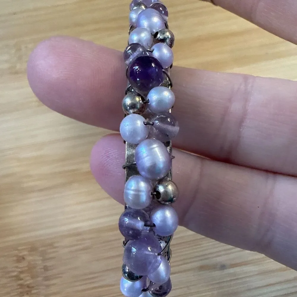 LAVENDER PURPLE PEARL BEAD WIRED BRACELET ON 925 SILVER BANGLE CUFF